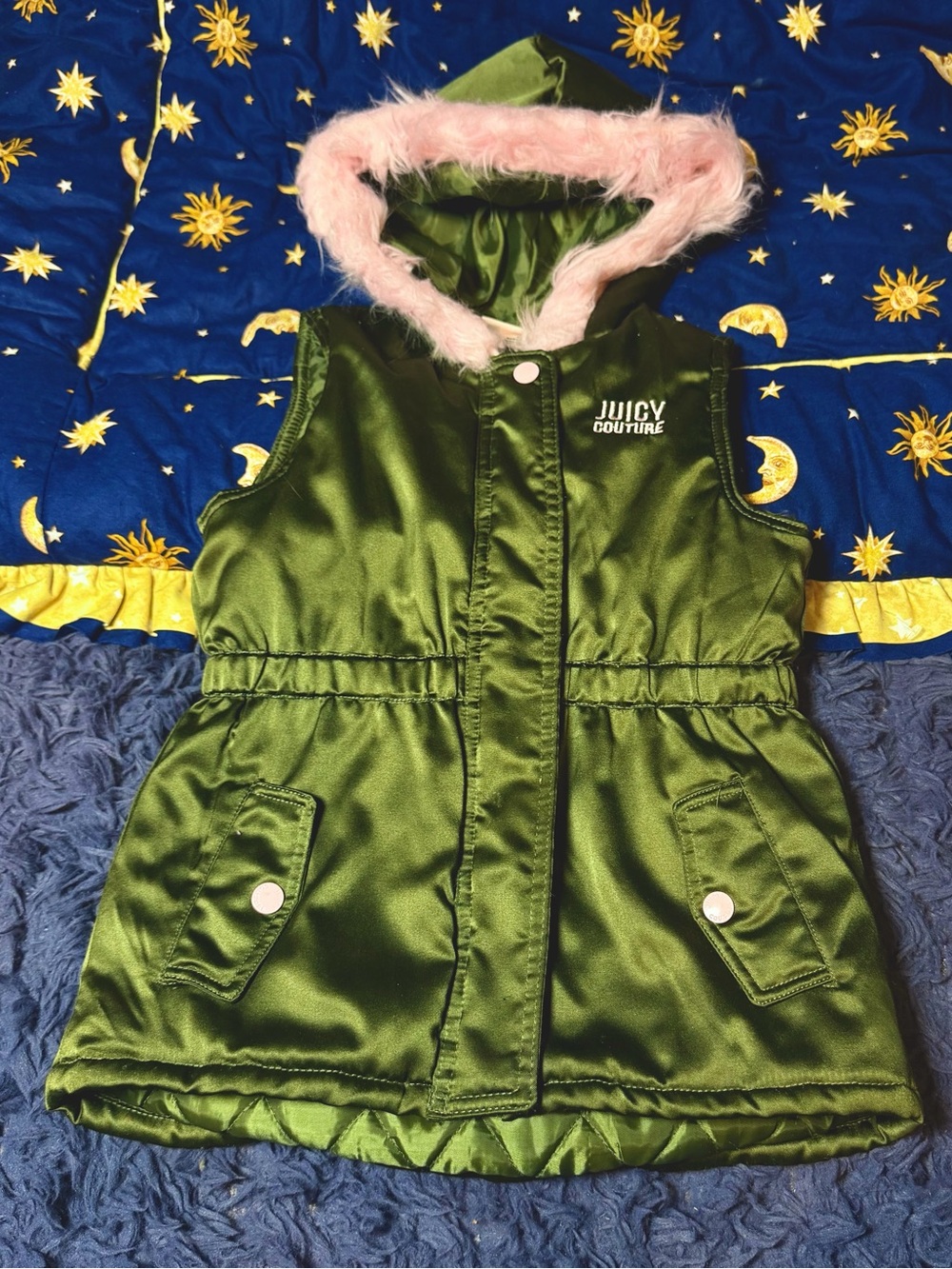 Girls Juicy Couture Green Pink Puffer Vest Fur Trim Hood Size 7 Winter Fall